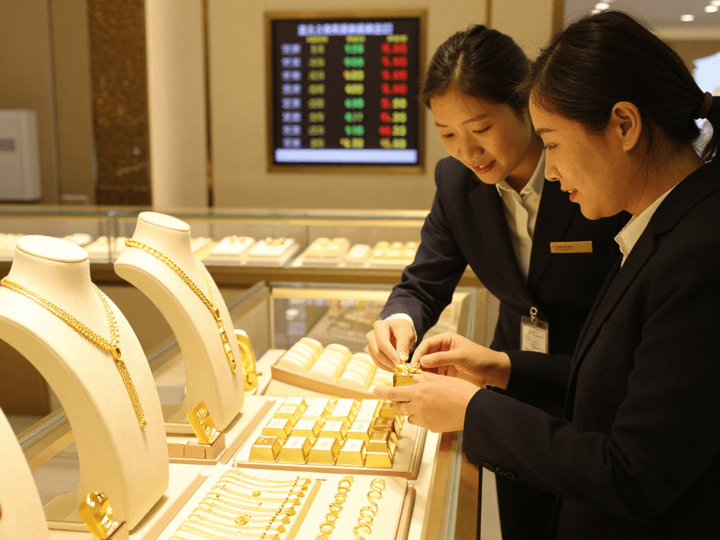 mantra88 engagement in an elegant gold jewelry shop showcasing 24K gold pieces and customer interactions