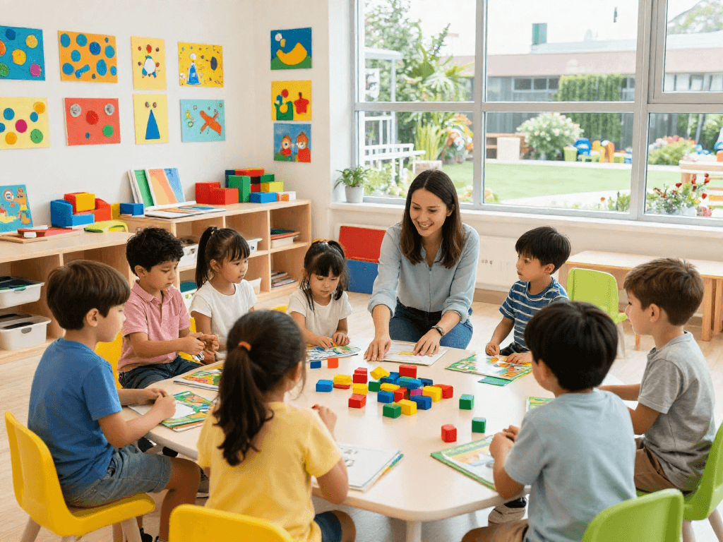 Youth engaging in inquiry-based learning at an international kindergarten Singapore, showcasing diverse activities, joyful teachers, and bright classroom environment.