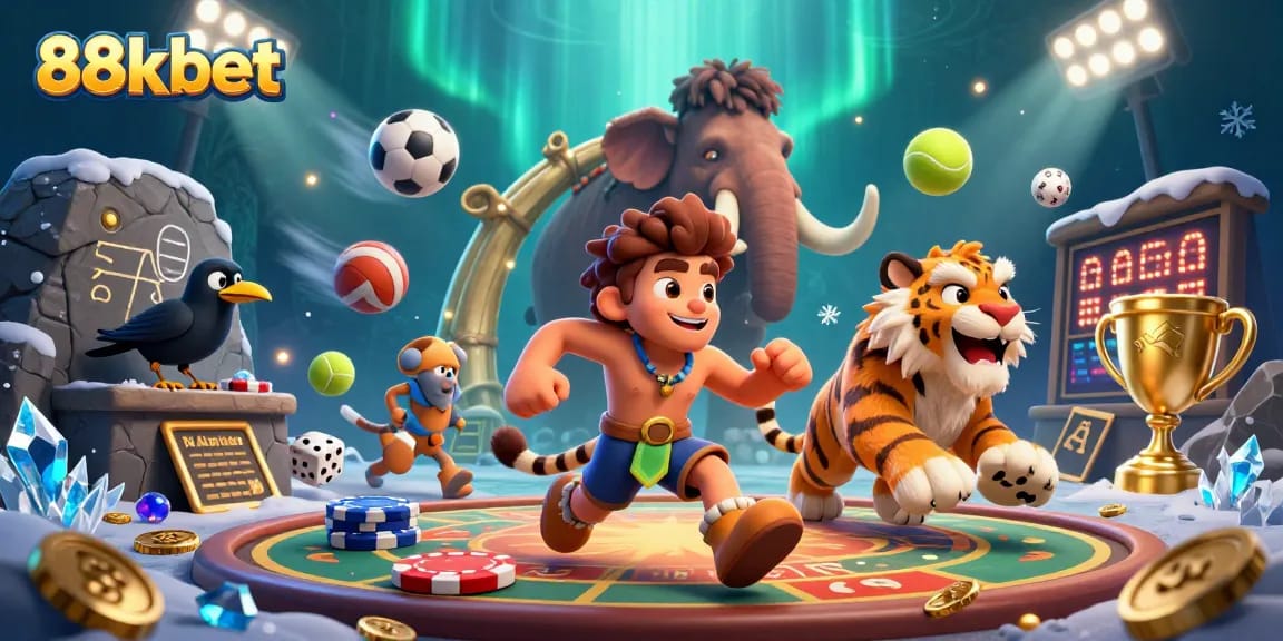 Bet on sports with excitement at 88kbet, featuring dynamic characters and vibrant casino elements.