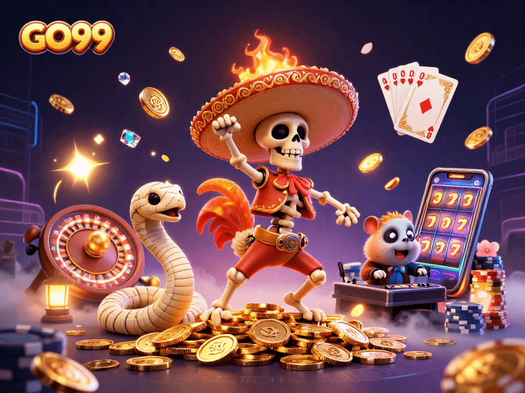Experience the thrill at GO99 with a lively casino scene featuring vibrant characters and gold!