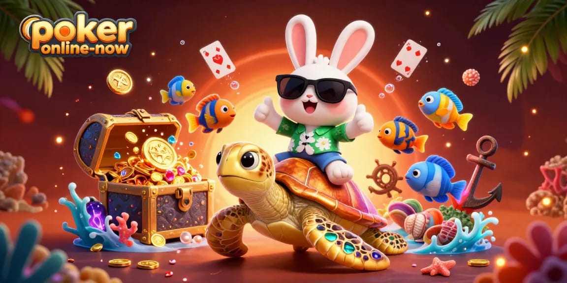 Engage with poker-online-now's thrilling casino poker action featuring vibrant 3D characters, treasure, and lively gameplay elements.