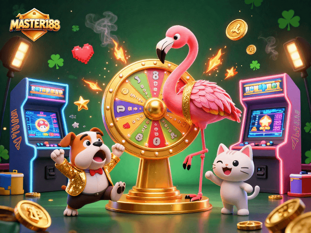 Engage in thrilling gaming with MASTER188 featuring vibrant casino elements and fun characters.