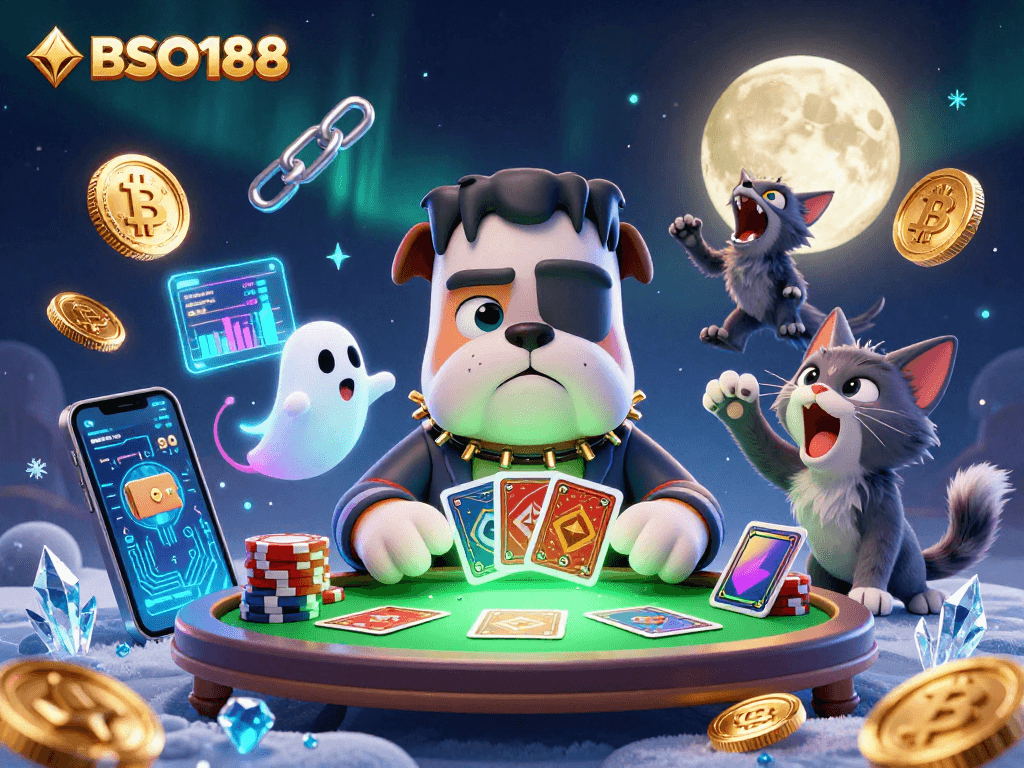 BSO188 showcases animated casino fun with a Frankenstein bulldog and mystical characters in a vibrant scene.