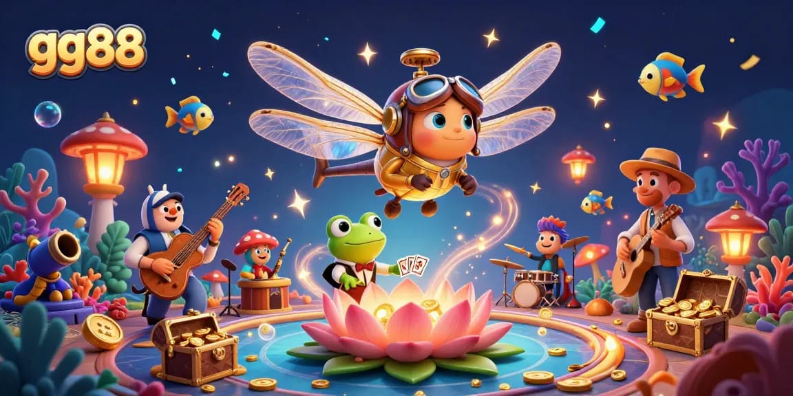 A dynamic scene featuring gg88's dragonfly pilot and frog dealer amongst colorful underwater elements and casino fun.