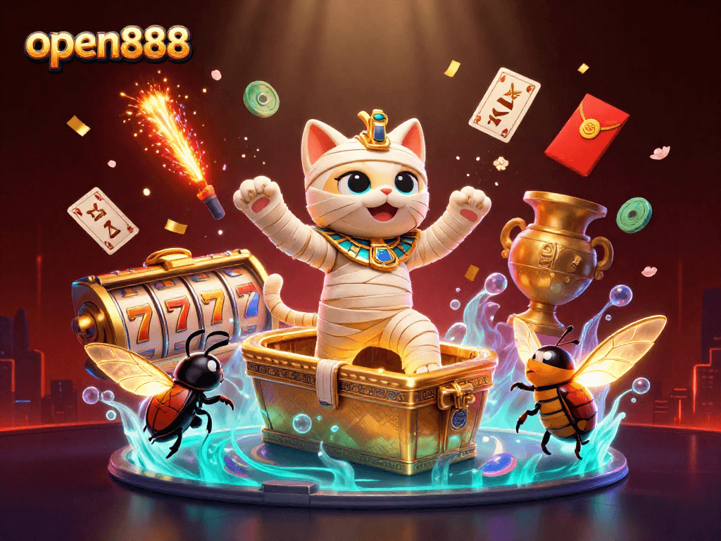 Experience the excitement of open888 with a lively 3D casino scene featuring vibrant characters and symbols.