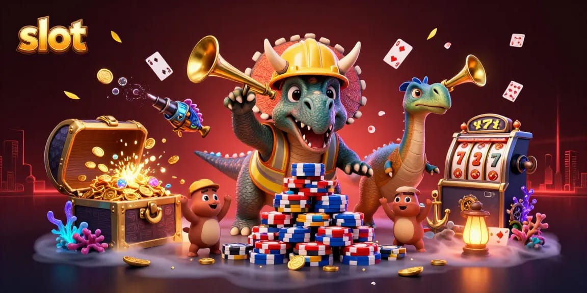Menghadirkan slot dengan karakter unik seperti triceratops membangun tumpukan chip poker dan penyambutan meriah dari parasaurolophus.