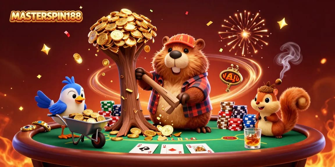 Experience fortune at MASTERSPIN188 with a lively casino scene featuring a beaver and friends.