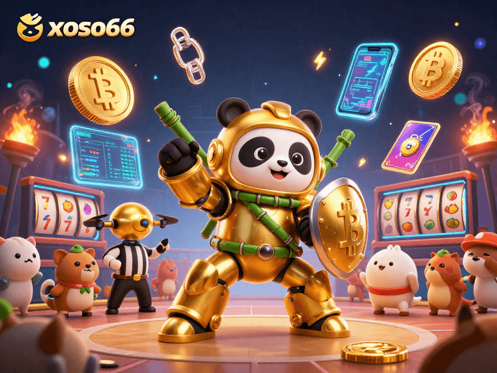 Experience thrilling gameplay with xoso66, featuring fun casino elements like slot reels and vibrant characters.