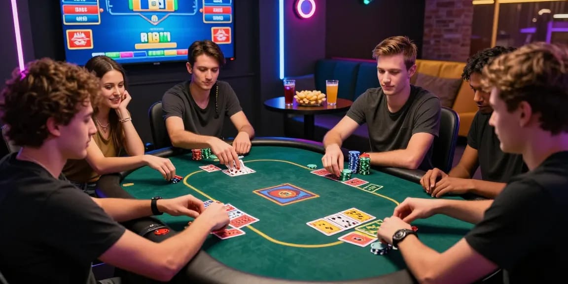 Exciting friends' poker game in a vibrant gambling setting with lucky77 theme.