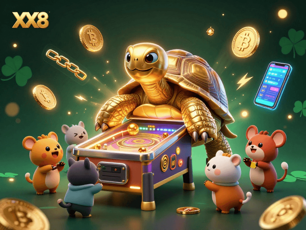 Experience thrilling gameplay at XX8 with a vibrant scene of golden tortoise and colorful coins.