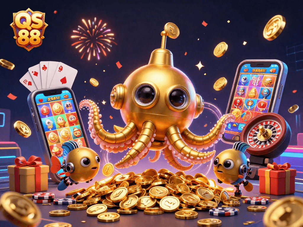 Engage in thrilling gaming with the QS 88 golden kraken submarine amid a treasure of coins.