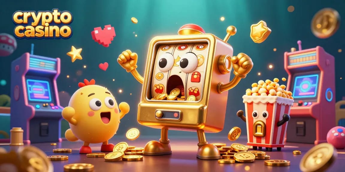 Gagnez avec le crypto casino grâce à une machine à sous en or, des symboles joyeux et des pièces qui volent autour.
