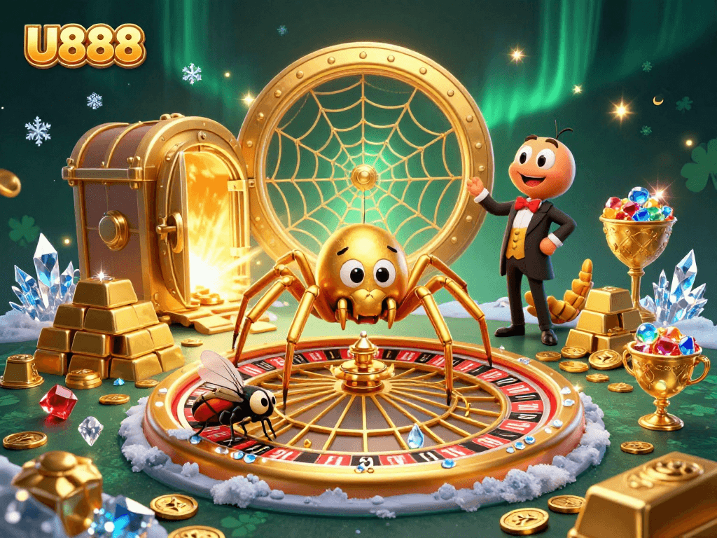 Spin the U888 roulette wheel with a golden spider and fly in a dazzling casino scene, showcasing excitement.