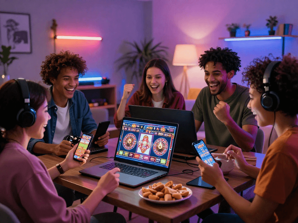 Groupe d'amis profitant de jeux sur un casino en ligne avec des graphismes colorés dans un salon convivial.
