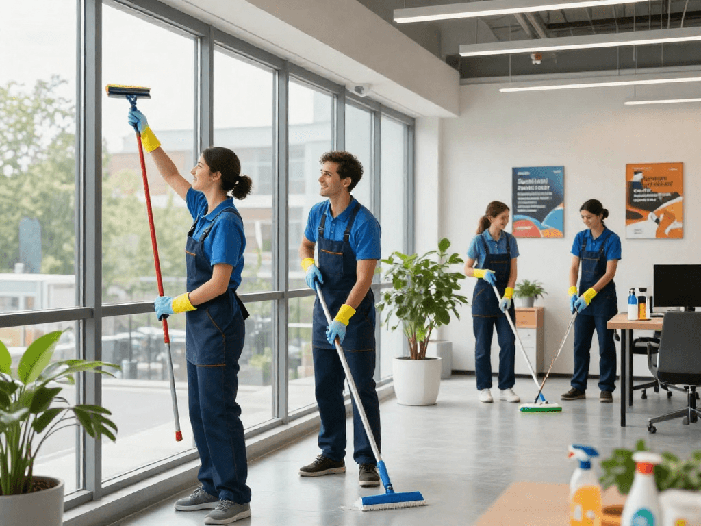 Reinigungsdienst in Dortmund mit professionellem Team, das effizient in einem hellen Büro reinigt.