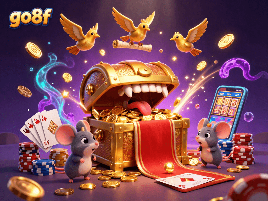 Engage in thrilling gaming adventures with go8f, featuring vibrant 3D illustrations of treasure and casino elements.