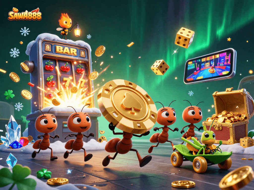 SAWA888 showcases a team of ants in a heist with a poker chip amidst casino excitement and golden treasures.