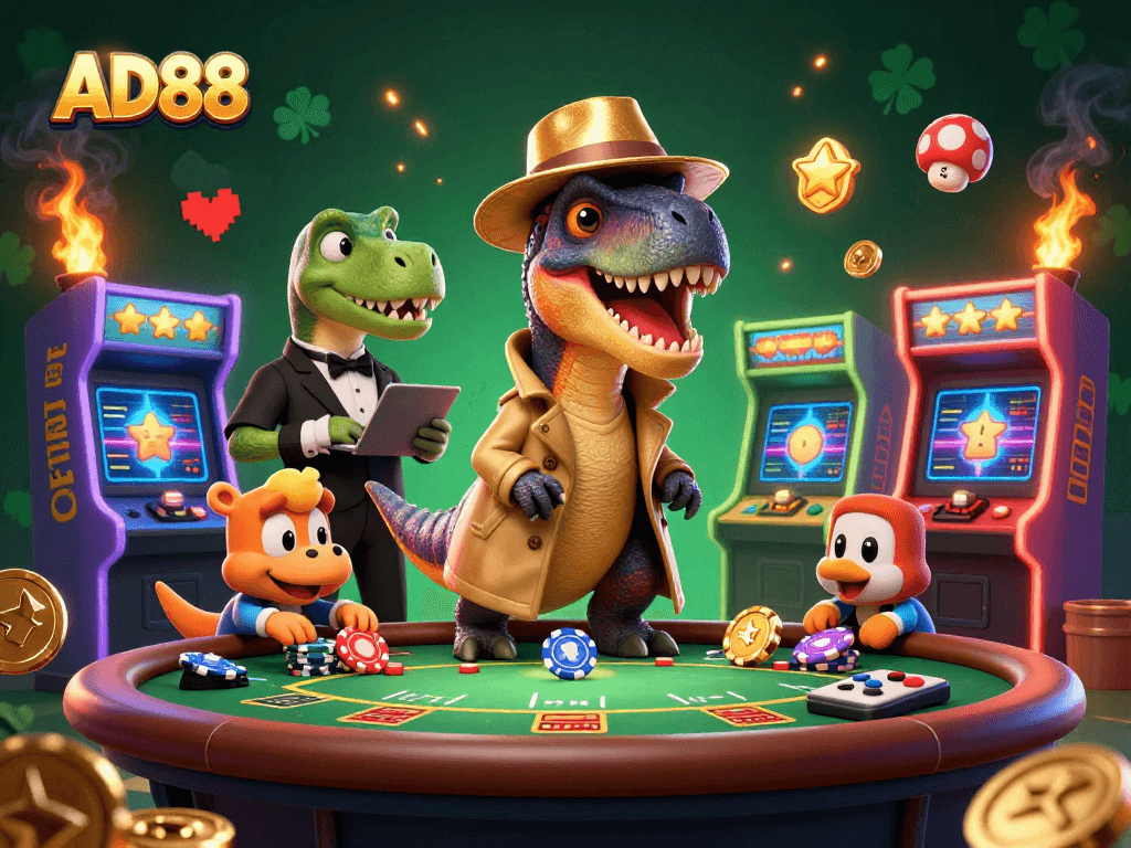 AD88 features a cartoon velociraptor counting cards at a blackjack table amid vibrant casino elements.