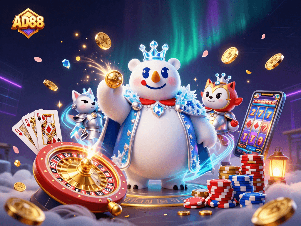 Win big with AD88's exciting games and dynamic casino elements in captivating 3D illustration.