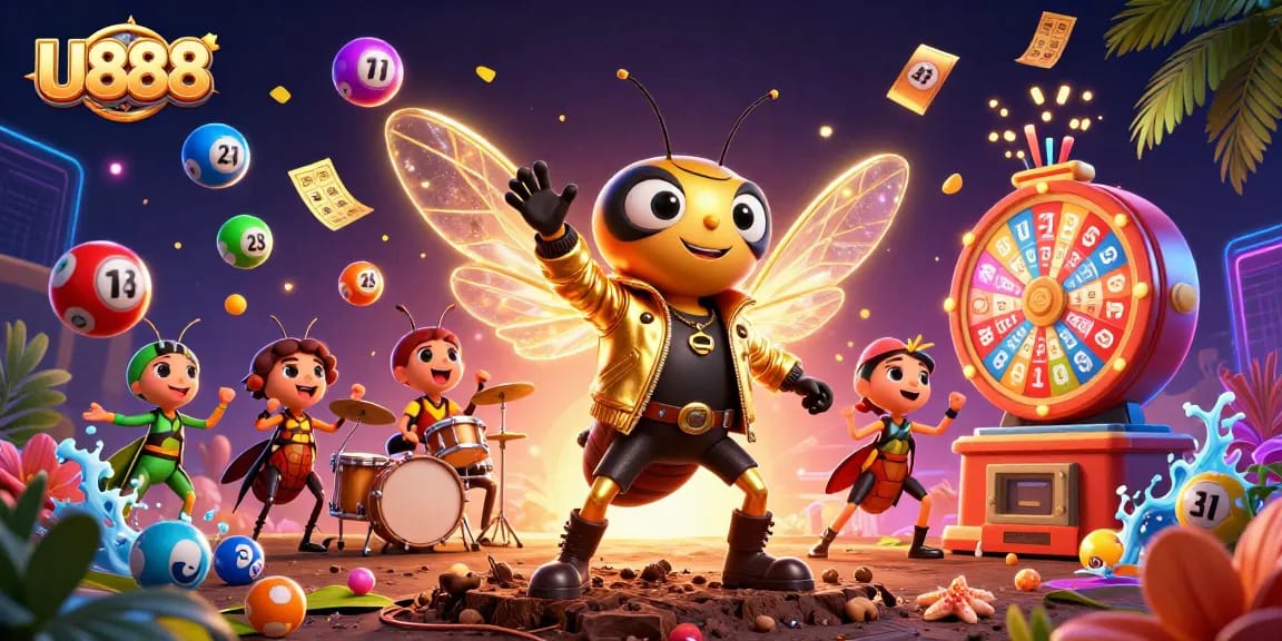 U888 showcases a vibrant 3D scene with a cicada rock star and dazzling lottery elements!