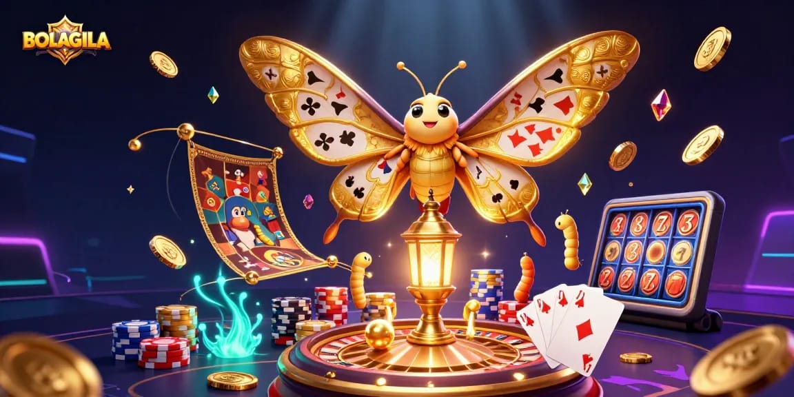 Experience BOLAGILA's thrilling casino scenes with a vibrant, dynamic illustration showcasing games and prizes.