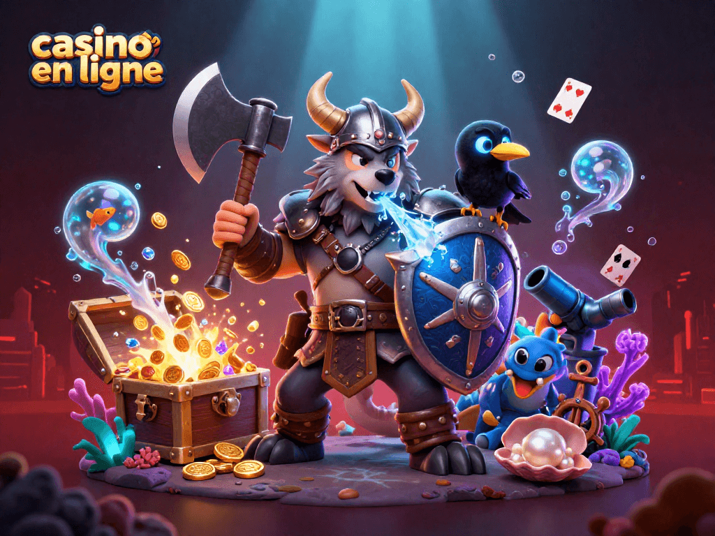 Profitez d'une expérience captivante de casino en ligne avec un loup viking héroïque et un dragon dans une scène animée et riche.