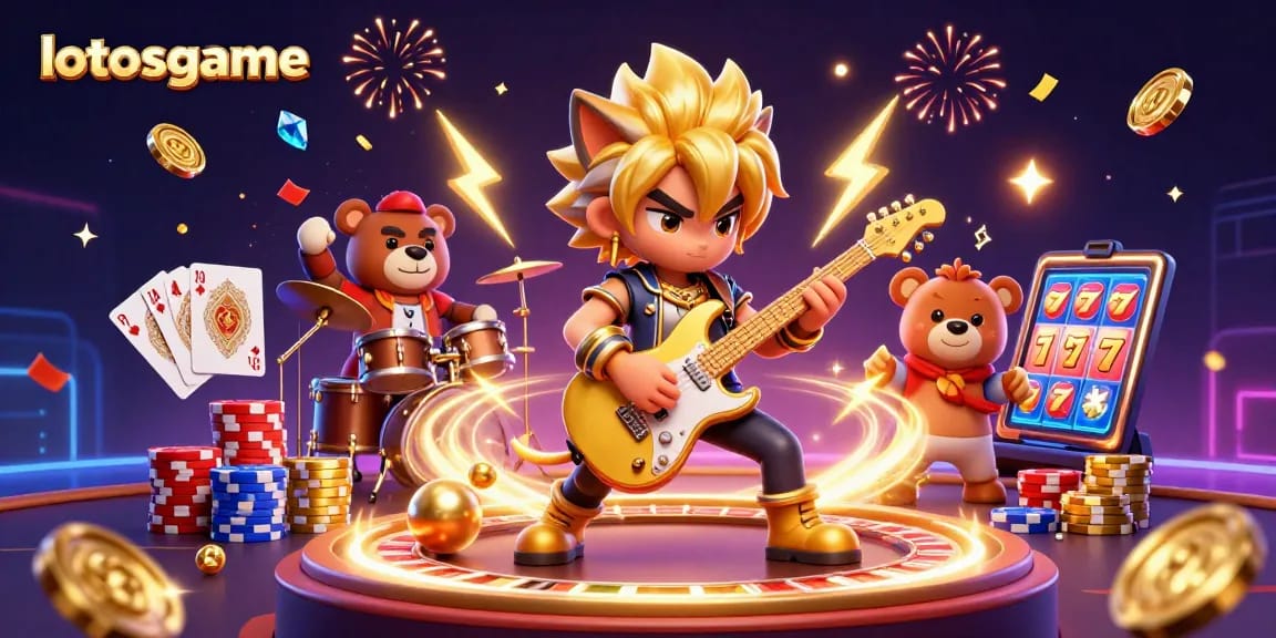 Experience thrilling moments at lotosgame with a rock star wolf and a wild drummer bear on stage.