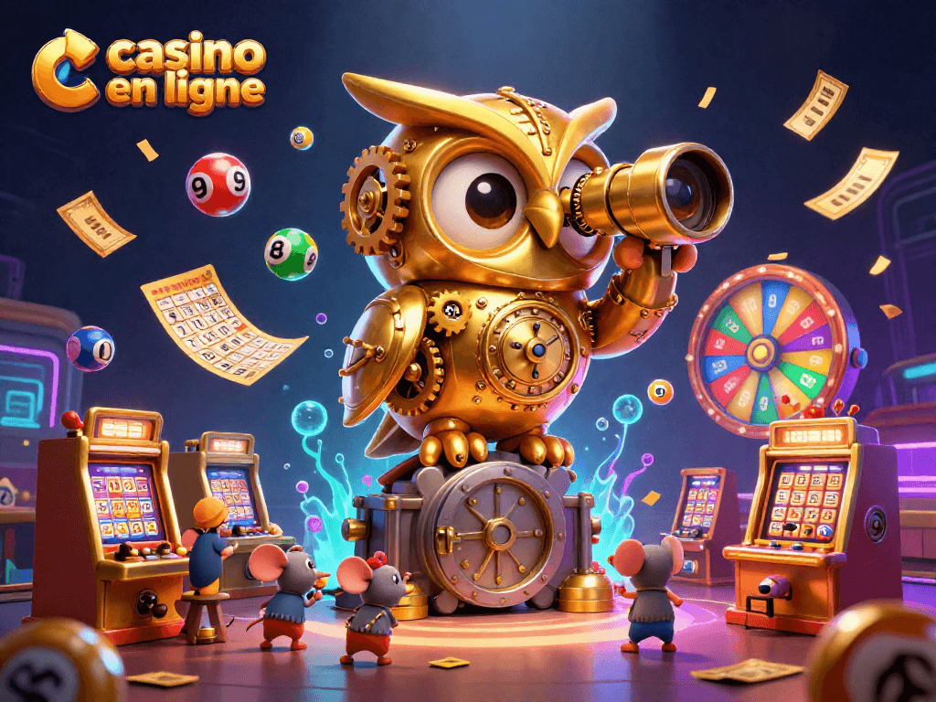 Découvrez les jeux de casino en ligne avec une image dynamique de l'hibou doré et des éléments festifs.