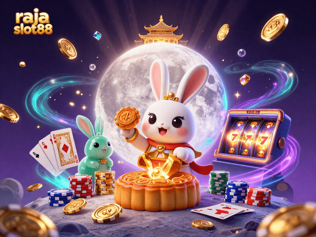 Experience raja slot88 as moon rabbits reveal hidden poker chips amidst cascading treasures in a vibrant casino scene.