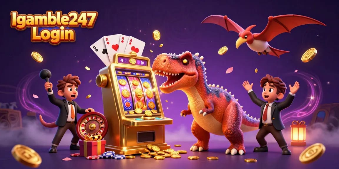 Igamble247 Login displays a lively scene of dinosaurs and a golden slot machine bursting with coins