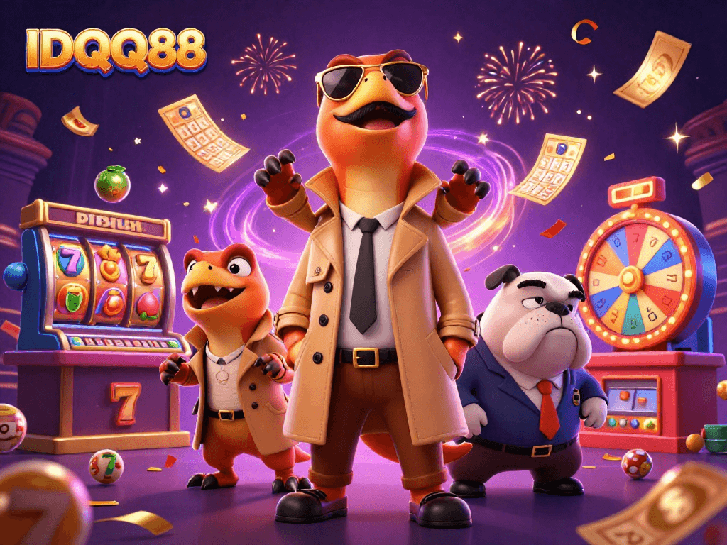 Experience excitement with IDQQ88 as raptors in disguise enter a vibrant casino filled with slot games.