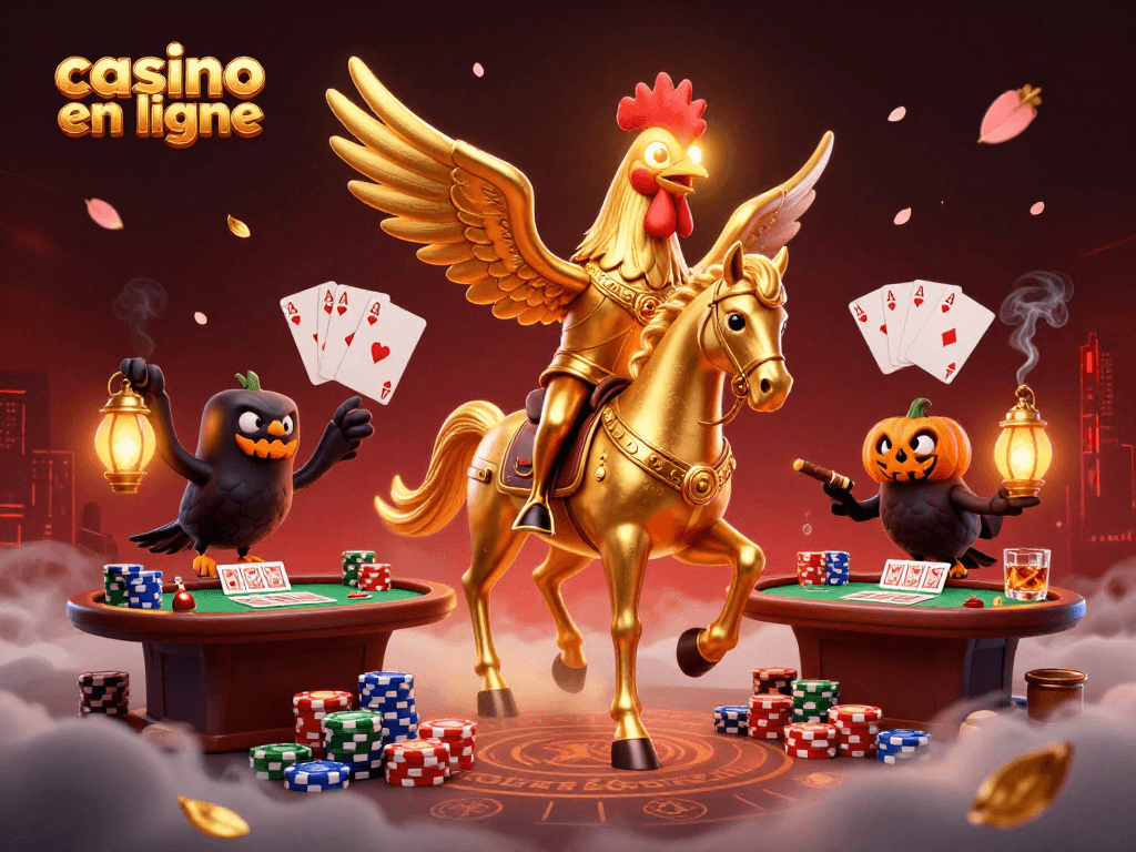 Casino en ligne animé où un coq doré et ses amis fantômes illuminent une scène de poker captivante.