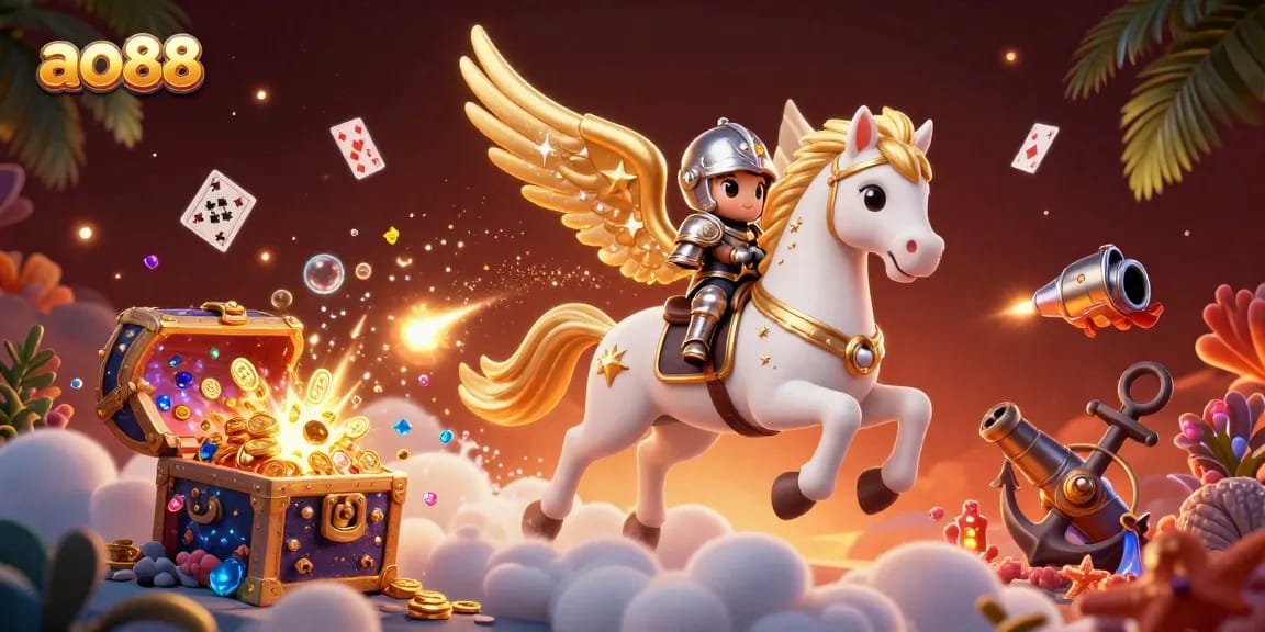 Experience the excitement of gaming at ao88 with a stunning scene of a galloping horse and treasure.