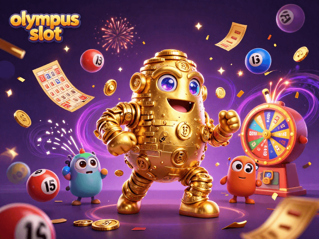 Mainkan olympus slot dengan karakter golem emas yang mengelilingi bola lotere berwarna-warni dan efek hujan uang.