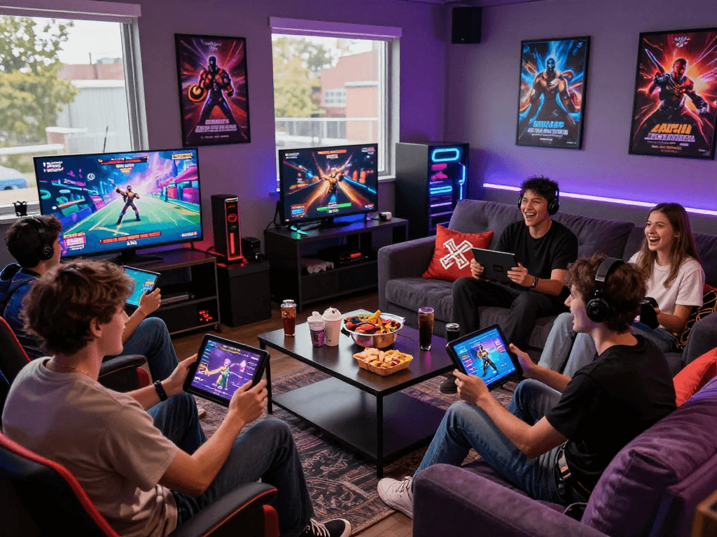 Diverse group enjoying interactive porn games in a vibrant gaming lounge.