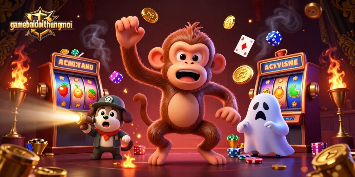 Experience the excitement of gamebaidoithuongmoi at a haunted casino with a playful monkey and a curious puppy.