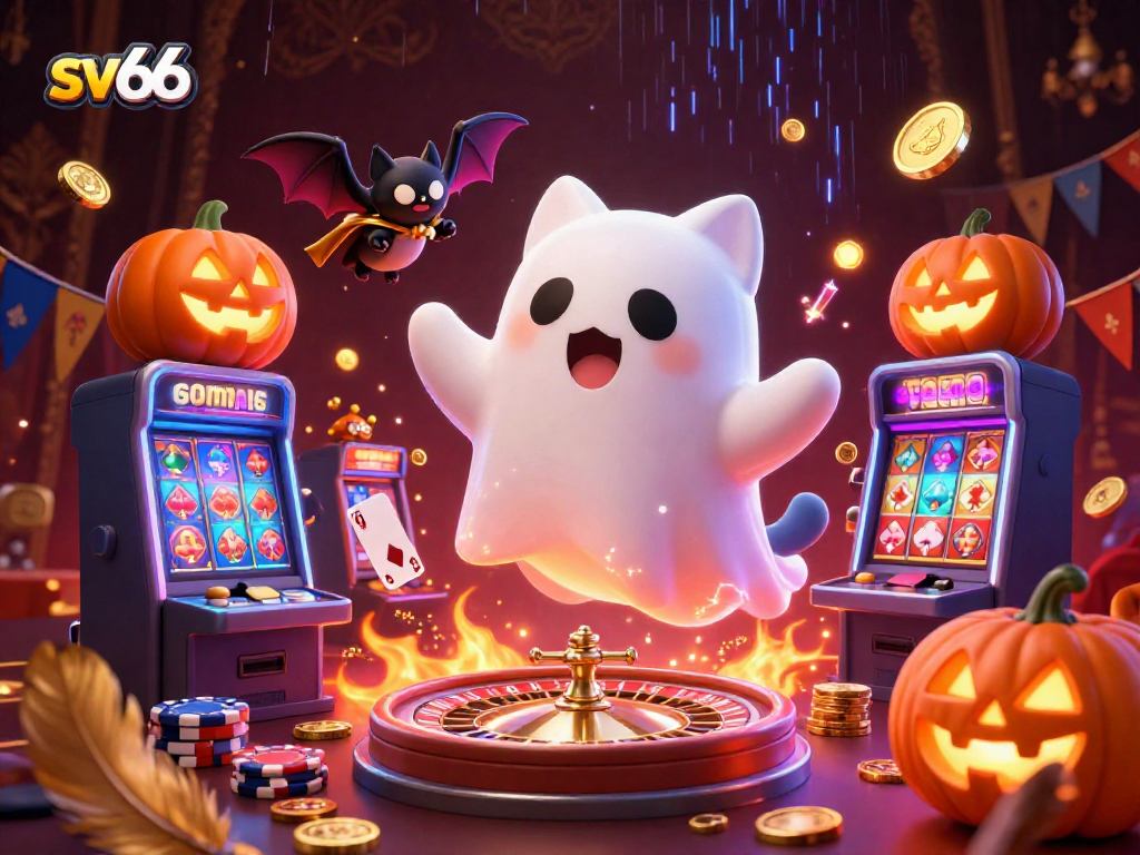 Engage in thrilling gaming at sv66, featuring a friendly ghost cat and vibrant casino elements.