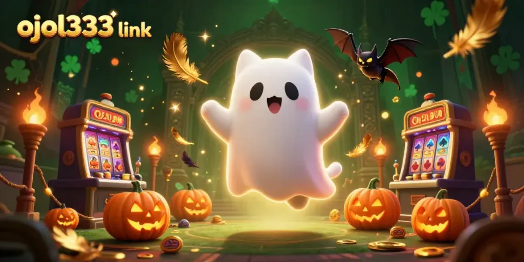 Experience the thrill of ojol333 link with a ghost cat and vampire bat in a vibrant casino setting.