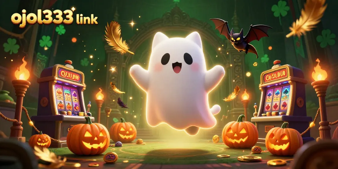 Experience the thrill of ojol333 link with a ghost cat and vampire bat in a vibrant casino setting.