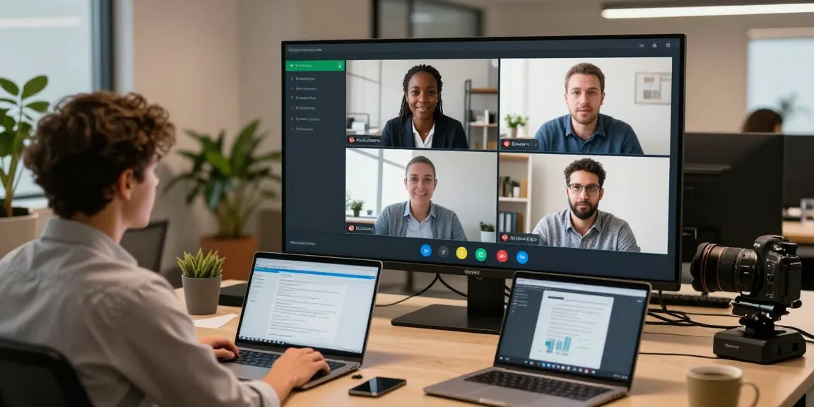 Deepfake protected Conferencing scene with professionals engaged in a secure video meeting.