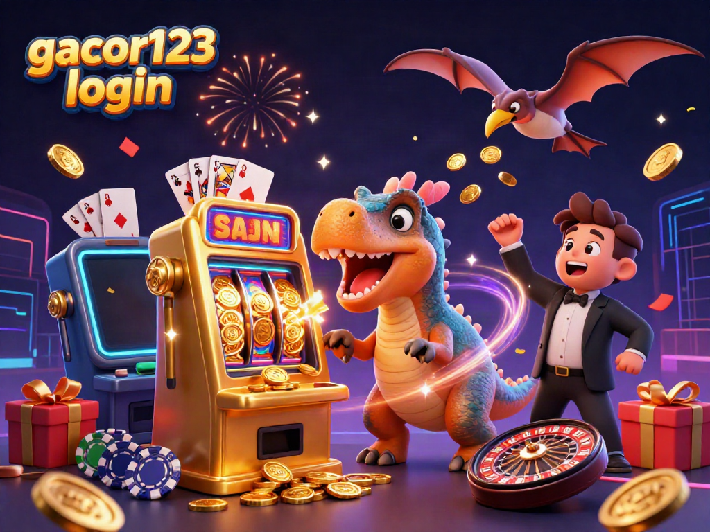 Exciting gacor123 login scene with a dinosaur hitting a jackpot slot machine amid colorful casino elements.