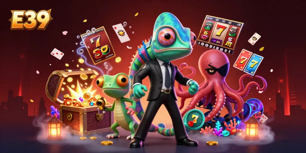 Experience the thrill of E39 with a vibrant casino scene featuring animated characters and slot games.
