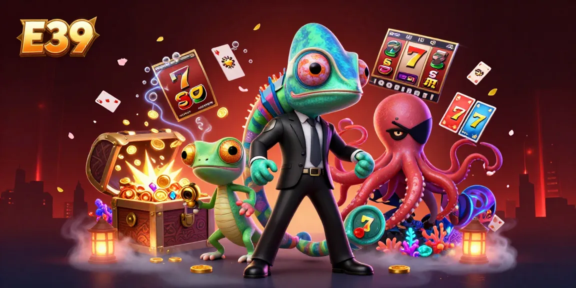 Experience the thrill of E39 with a vibrant casino scene featuring animated characters and slot games.
