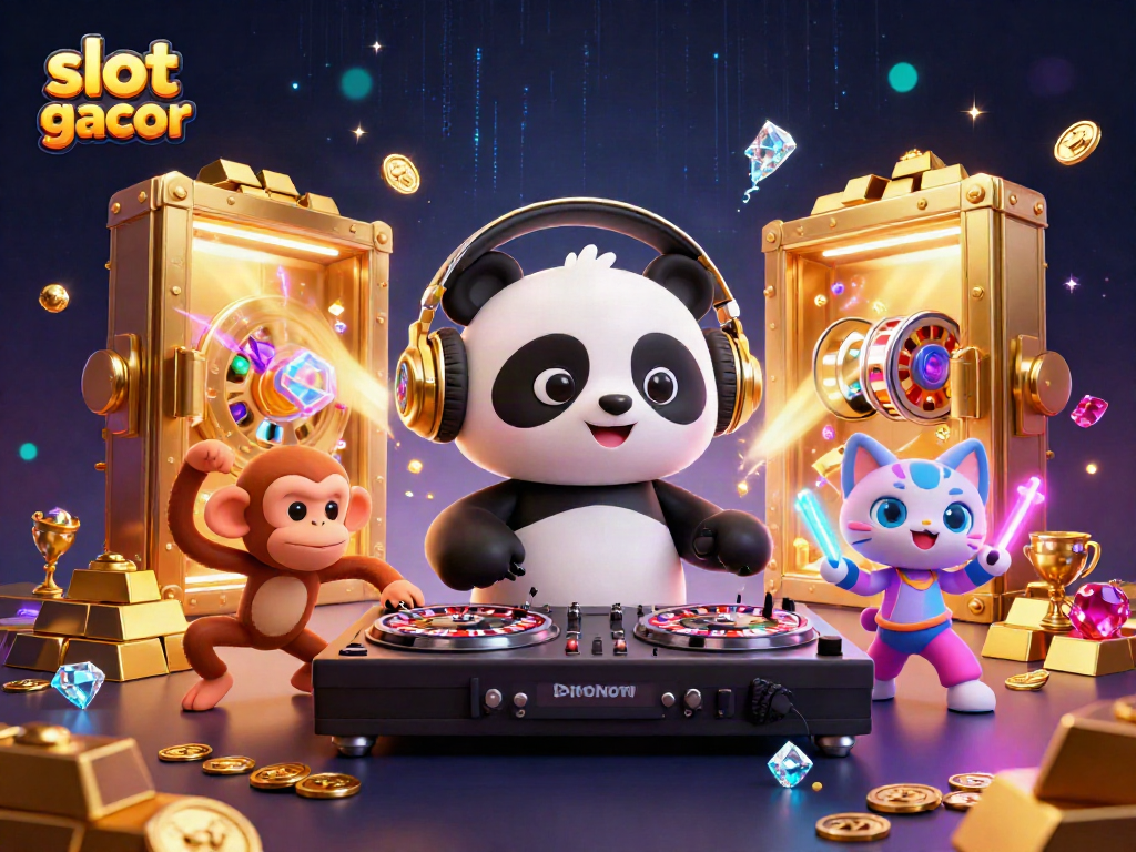 Experience the excitement of slot gacor with a vibrant illustration featuring a DJ panda and lively animal characters.