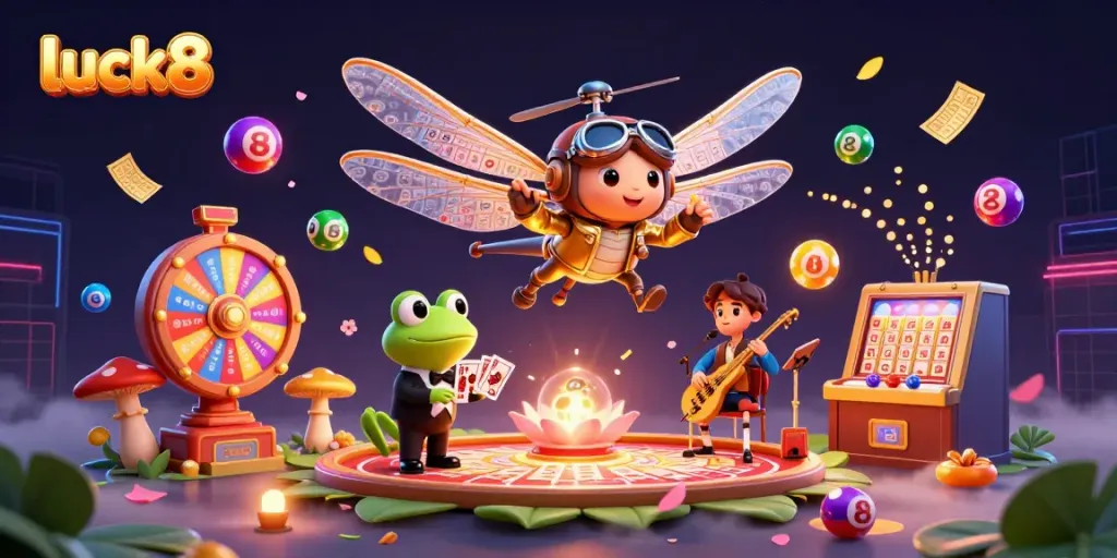 Engage with luck8's vibrant casino scene featuring a dragonfly pilot and frog dealer.