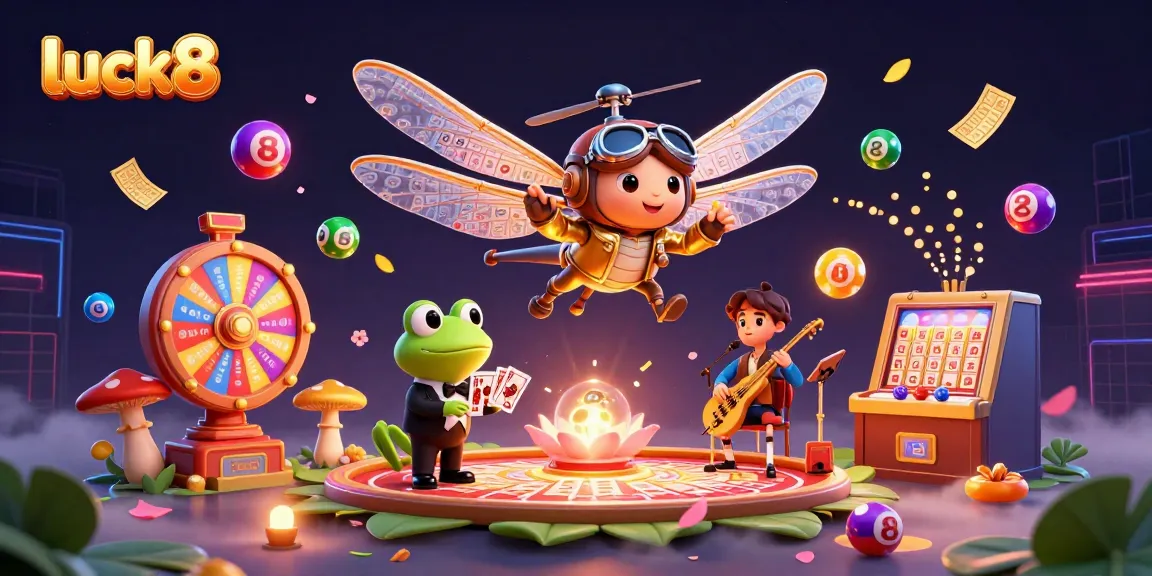 Engage with luck8's vibrant casino scene featuring a dragonfly pilot and frog dealer.