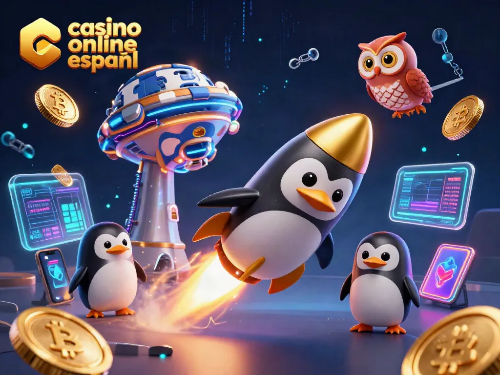 Juega en el casino online español mientras un pingüino dorado navega por el espacio, rodeado de monedas brillantes.