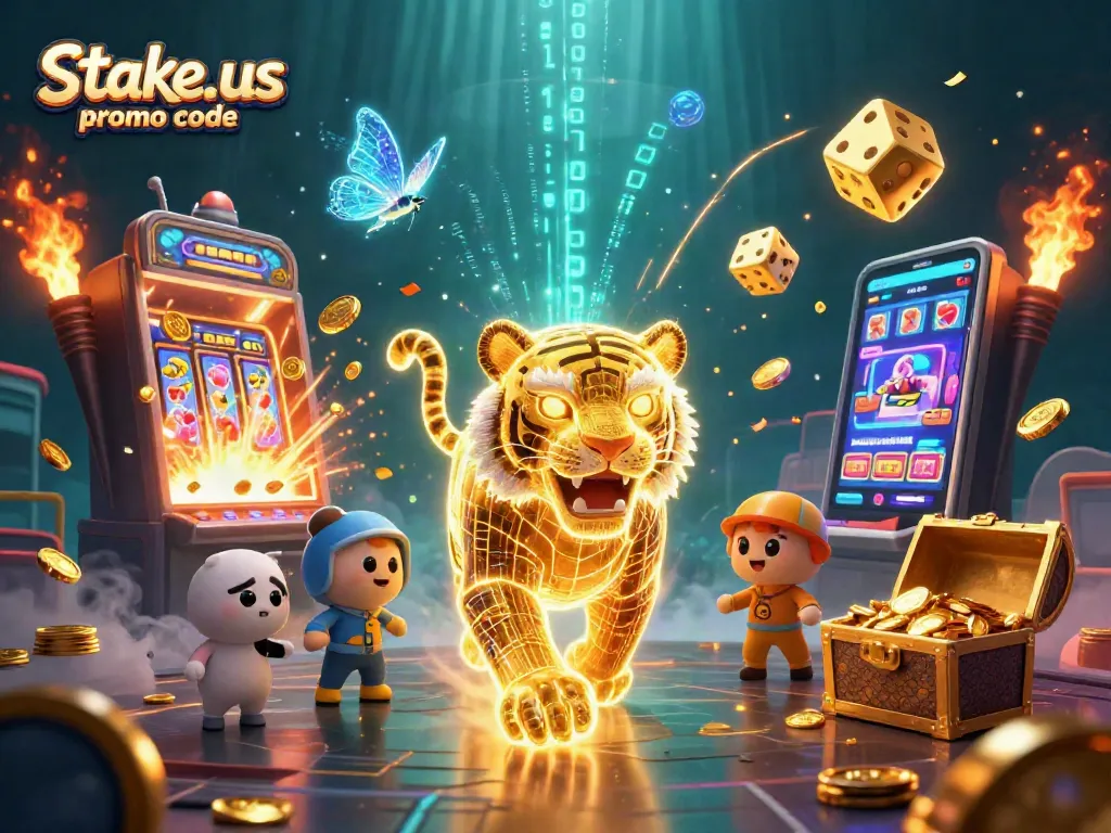 Experience the thrill of winning with the stake.us promo code, featuring vibrant casino elements and characters.