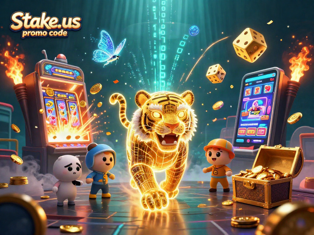 Experience the thrill of winning with the stake.us promo code, featuring vibrant casino elements and characters.