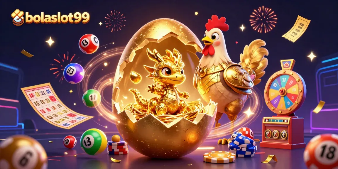 Bolaslot99 showcases a baby dragon on poker chips surrounded by colorful lottery elements and jackpot excitement.